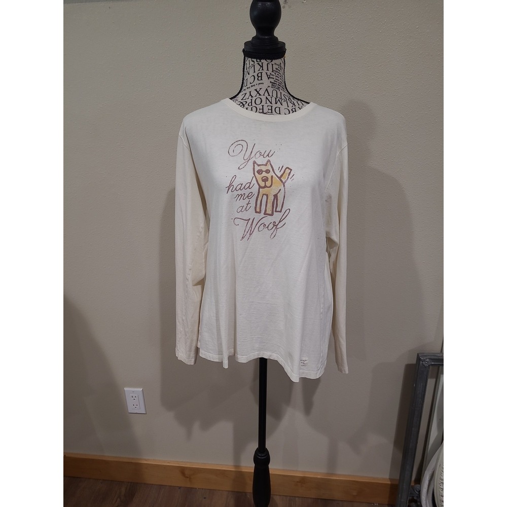 Life is Good Dog graphic long sleeve top Women SZ L cream Cotton normcore casual